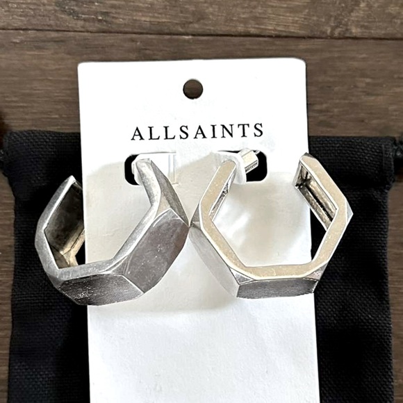 ALLSAINTS-Alex Chunky Hexagon Hoop Earrings-Silver-NWT - Picture 1 of 11